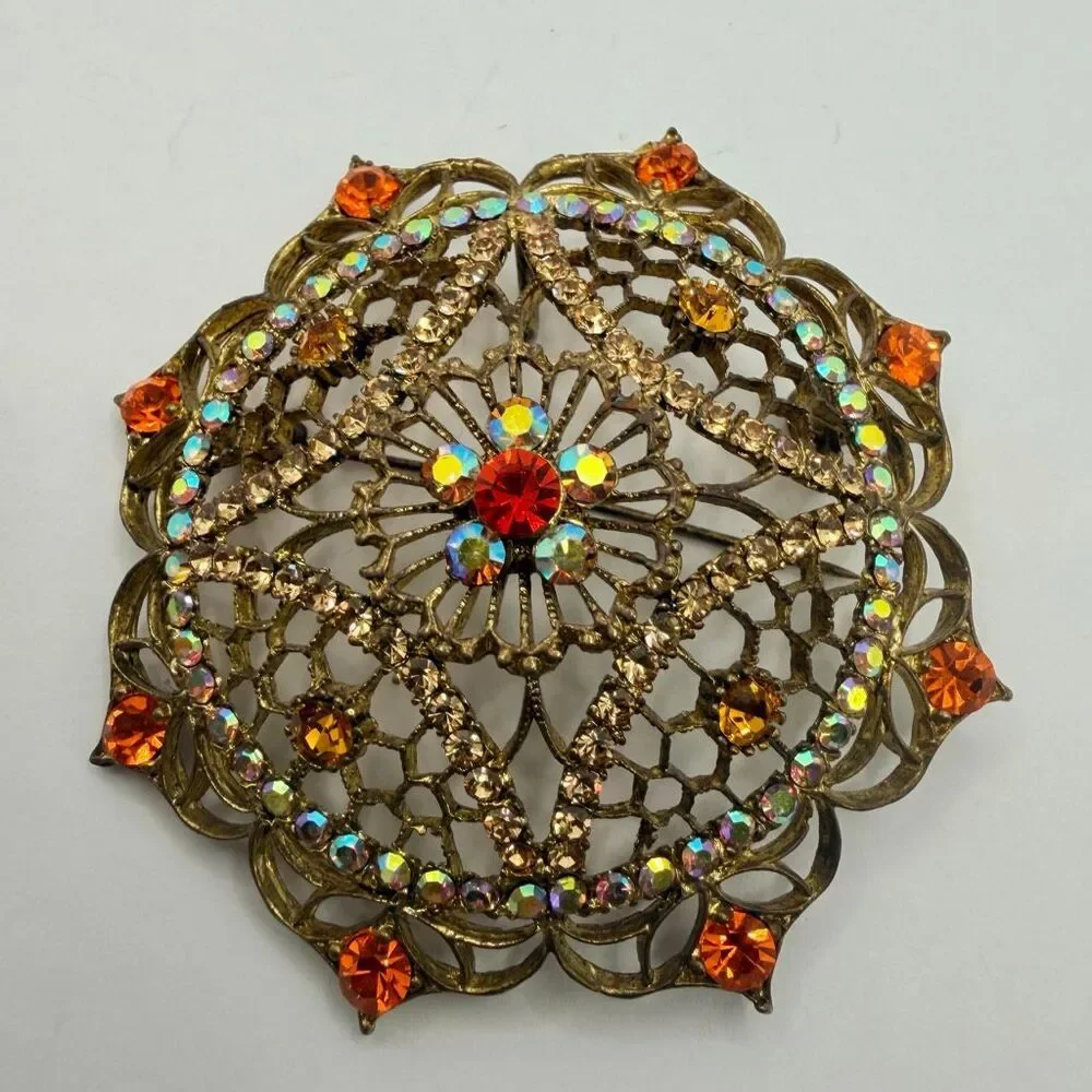Vintage Openwork Rhinestone Mandala Brooch Pin Aurora Borealis